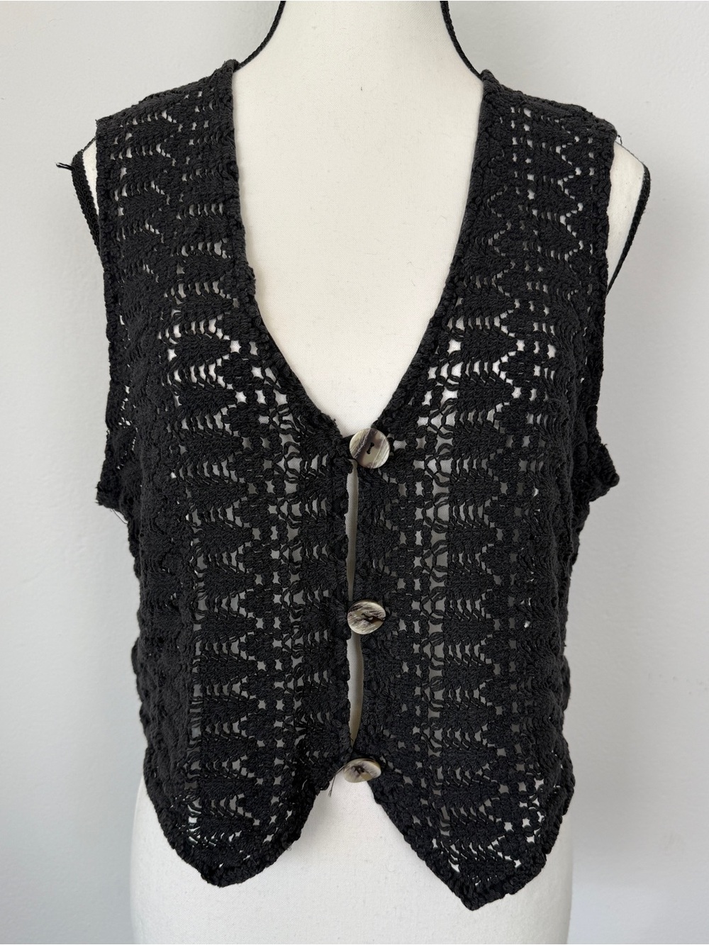 Vintage 90s DWSF Size L Black Crochet Button Front Boho Vest